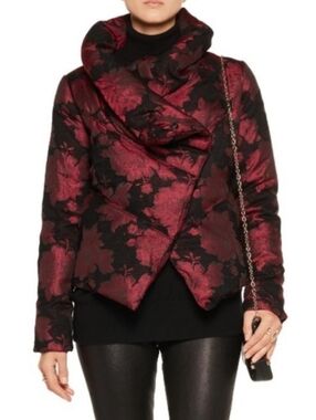 Alice + Olivia Metallic Rose Duck Down Puffer Coat Asymmetric Floral Size Small